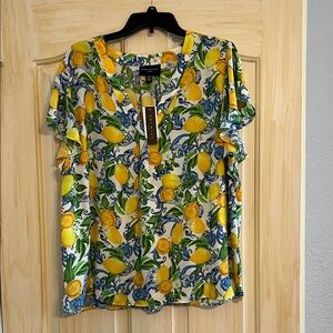 Premise Yellow and Blue Lemon Print Blouse